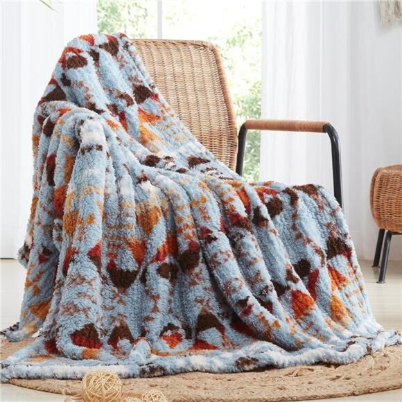 Boho Sherpa Throw Blanket Aztec Blue Grey Ultra Soft Warm Cozy Plush Fleece NEW - Picture 5 of 5